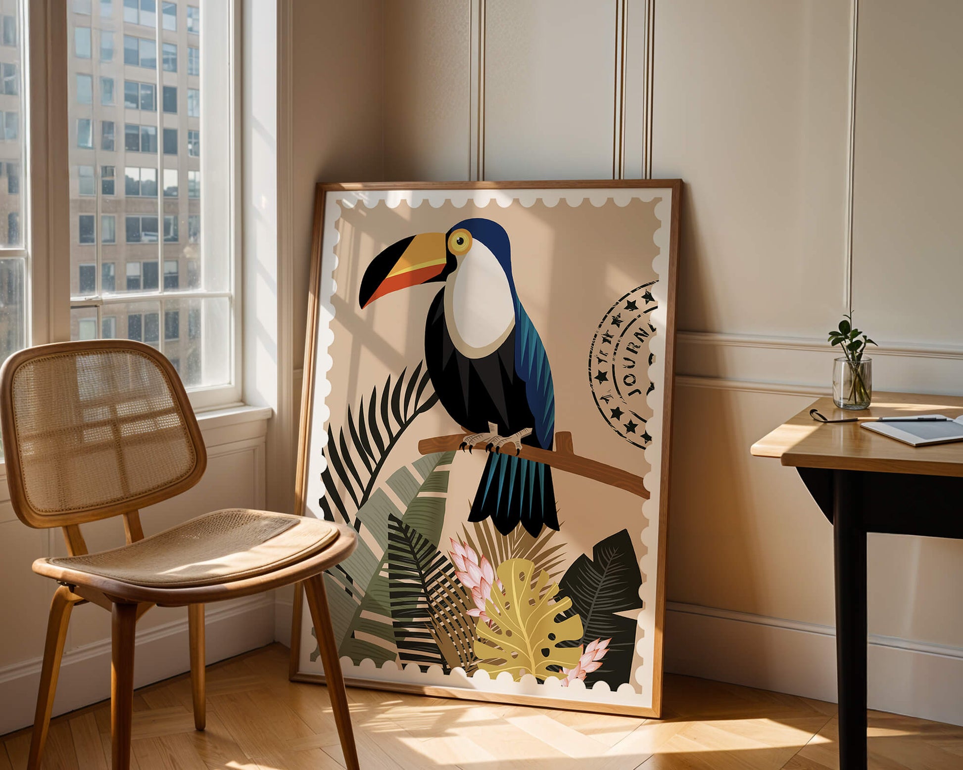 Colorful Toucan Surrounded by Tropical Leaves with Travel Stamp