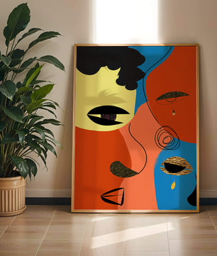 Abstract faces with vibrant colors and gold accents