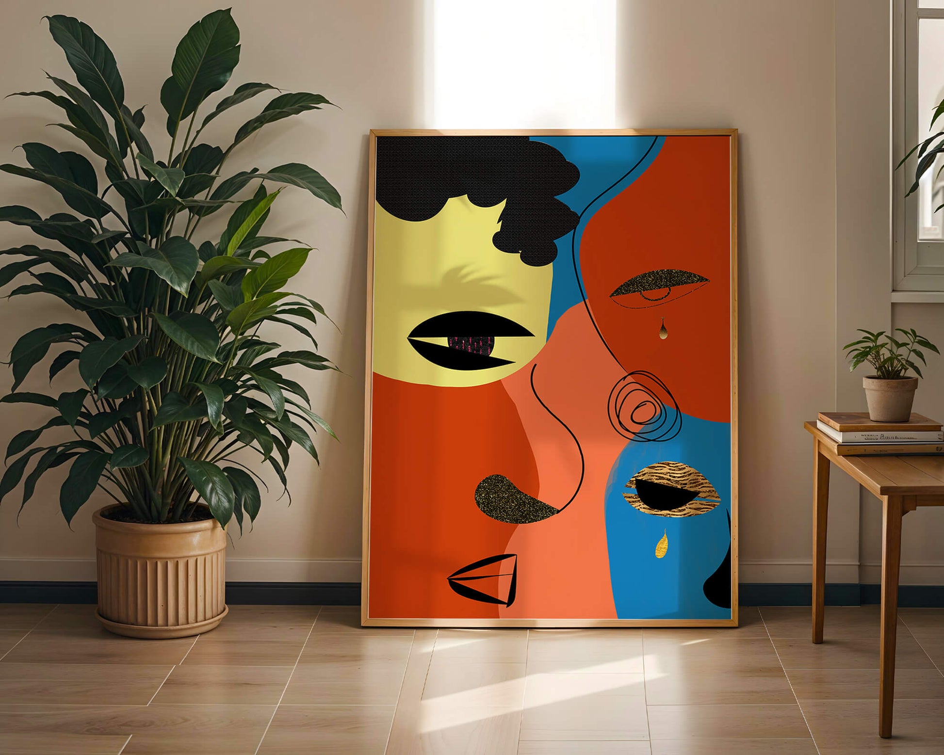 Abstract faces with vibrant colors and gold accents