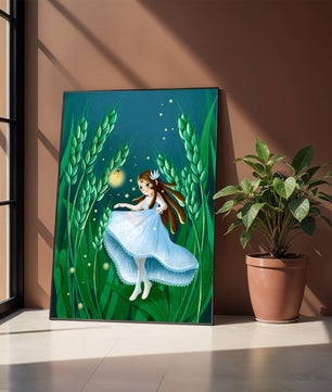Enchanting fairy in magical wheat field at night