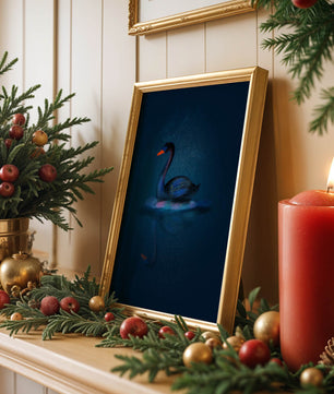 Majestic Black Swan Under Starry Night Sky with Golden Accents - Mi tienda