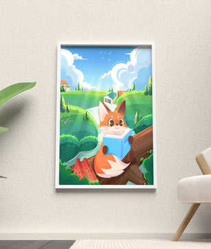 Fox Reading a Book in Scenic Green Landscape with Watermelon Slices