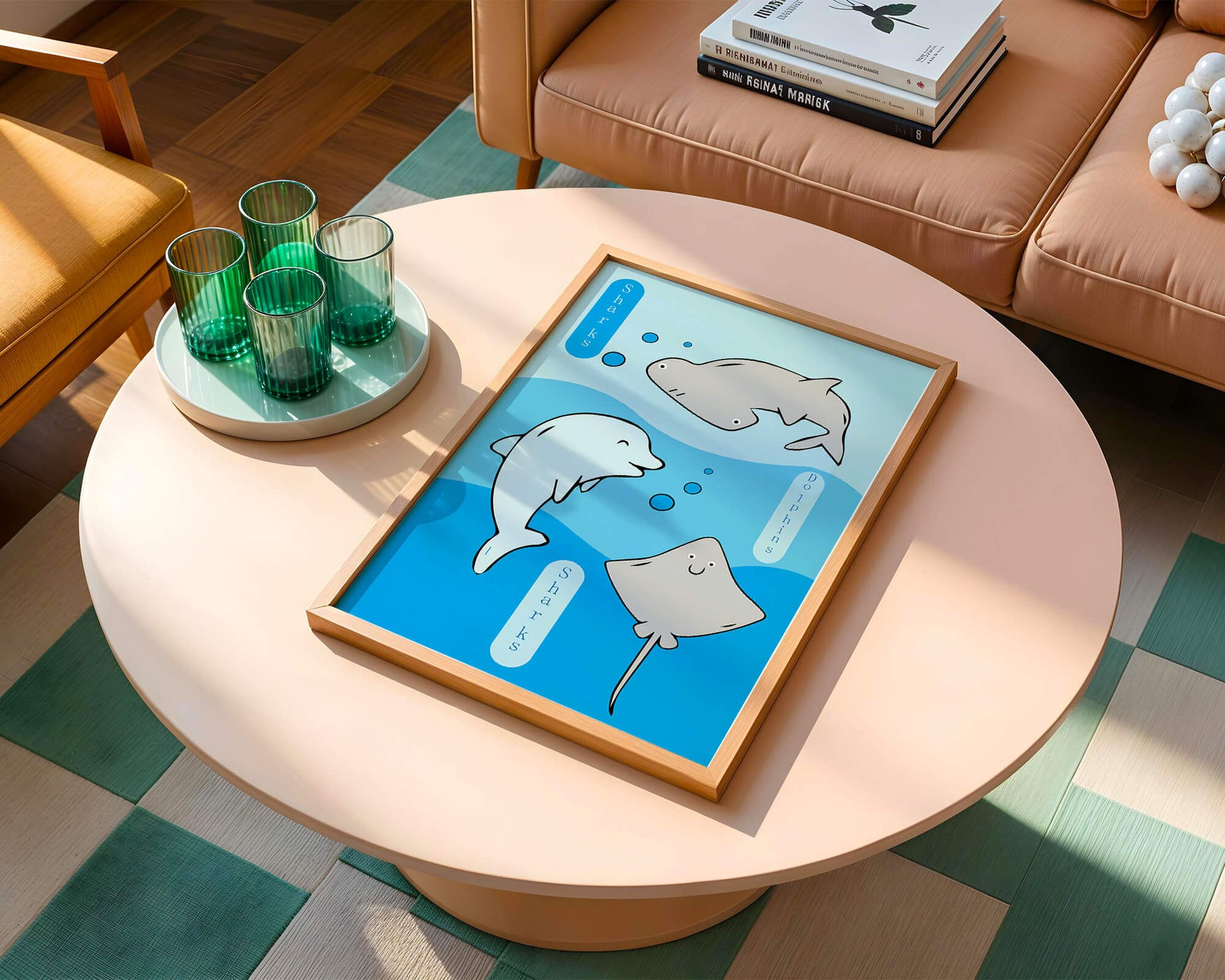 Cartoon sea animals illustration with shark, dolphin, and stingray