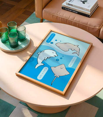 Cartoon sea animals illustration with shark, dolphin, and stingray