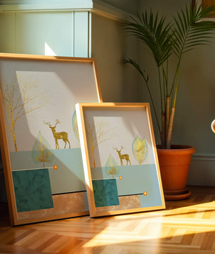 Abstrakte Komposition mit goldenem Hirsch und Blättern auf strukturiertem Hintergrund