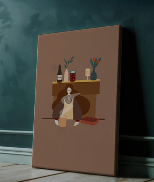 Escena acogedora con mujer junto a la chimenea y elementos decorativos