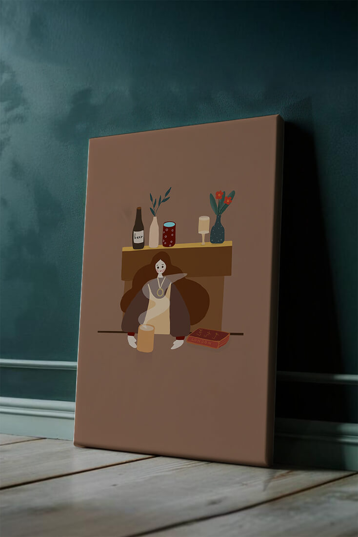 Escena acogedora con mujer junto a la chimenea y elementos decorativos