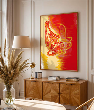 Abstract banana art with vibrant red and orange hues