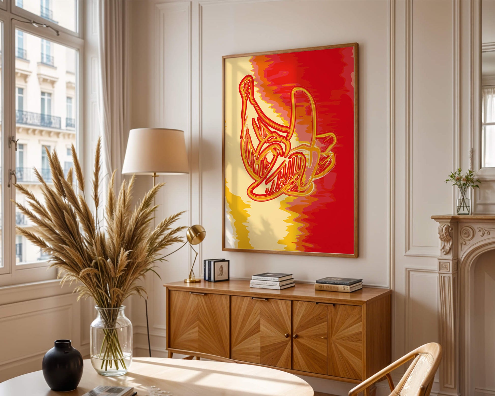 Abstract banana art with vibrant red and orange hues