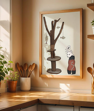 Illustration of a cat tree with a thoughtful cat in a sweater