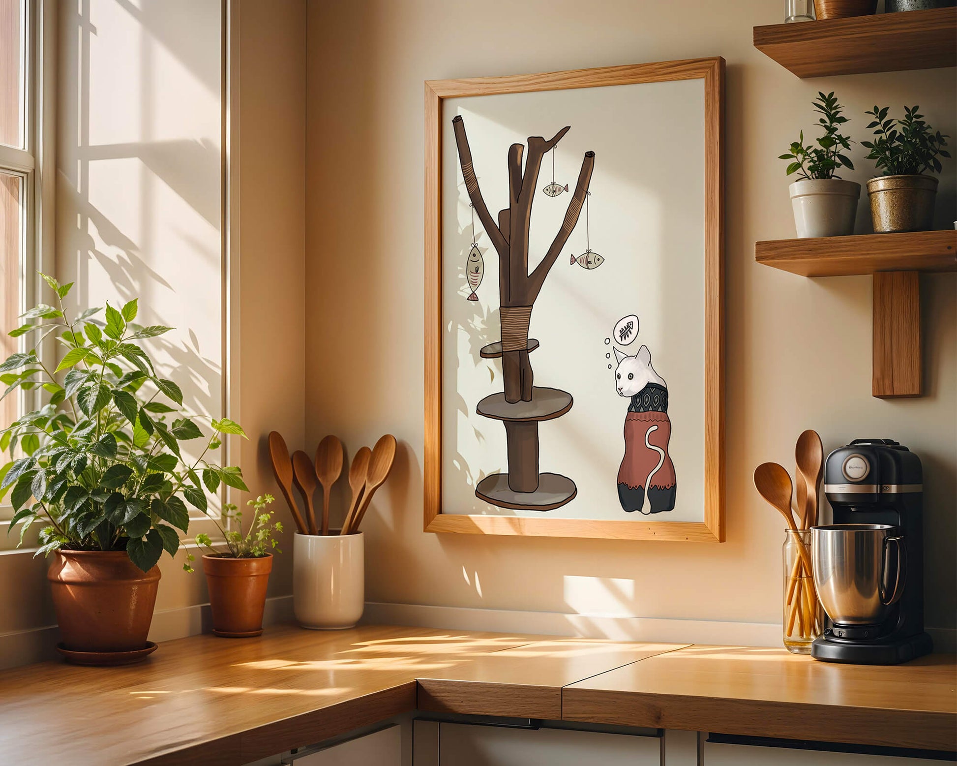 Illustration of a cat tree with a thoughtful cat in a sweater