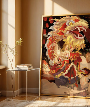 Personnage dynamique avec dragon et lanternes dans une œuvre d'art animée et vibrante