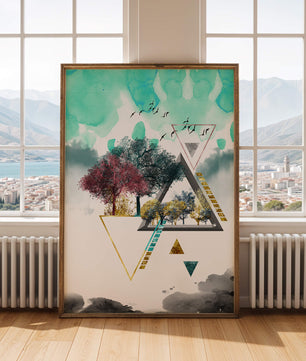 Abstract Geometric Landscape with Vibrant Trees and Birds - Mi tienda