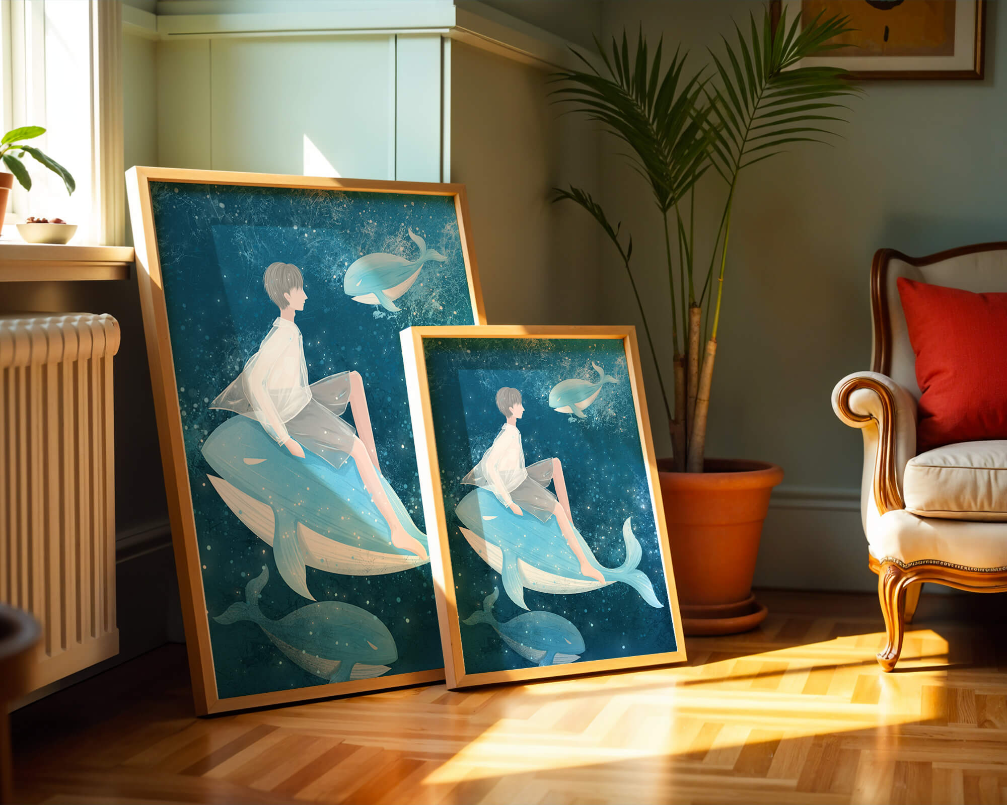 Fantasy illustration of person on blue whale in underwater scene