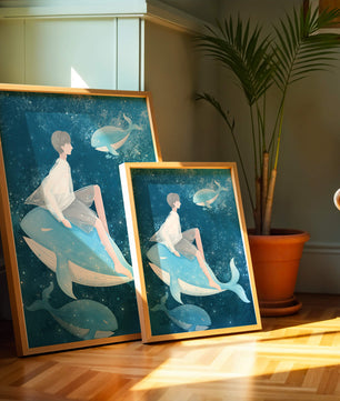 Illustration fantastique d'une personne sur une baleine bleue dans une scène sous-marine