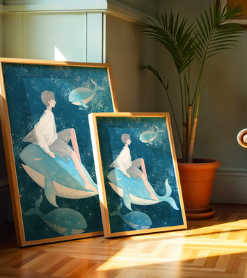 Fantasy illustration of person on blue whale in underwater scene