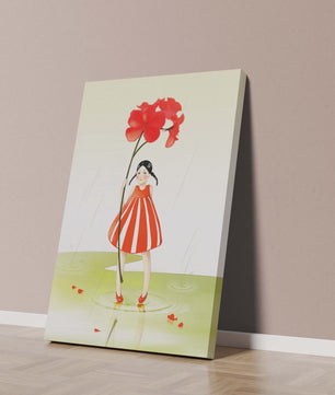 Young girl holding large red flower standing in puddle illustration