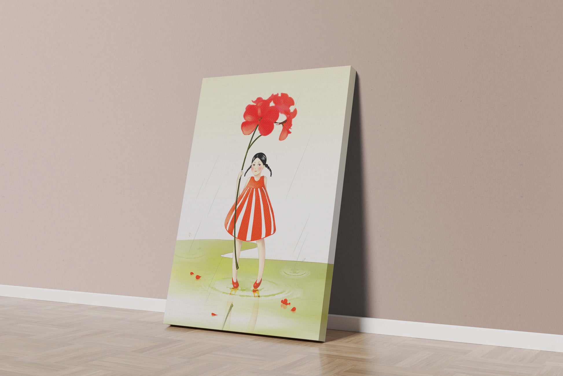 Young girl holding large red flower standing in puddle illustration