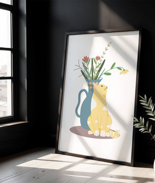 Ilustración de un gato sentado junto a un jarrón floral
