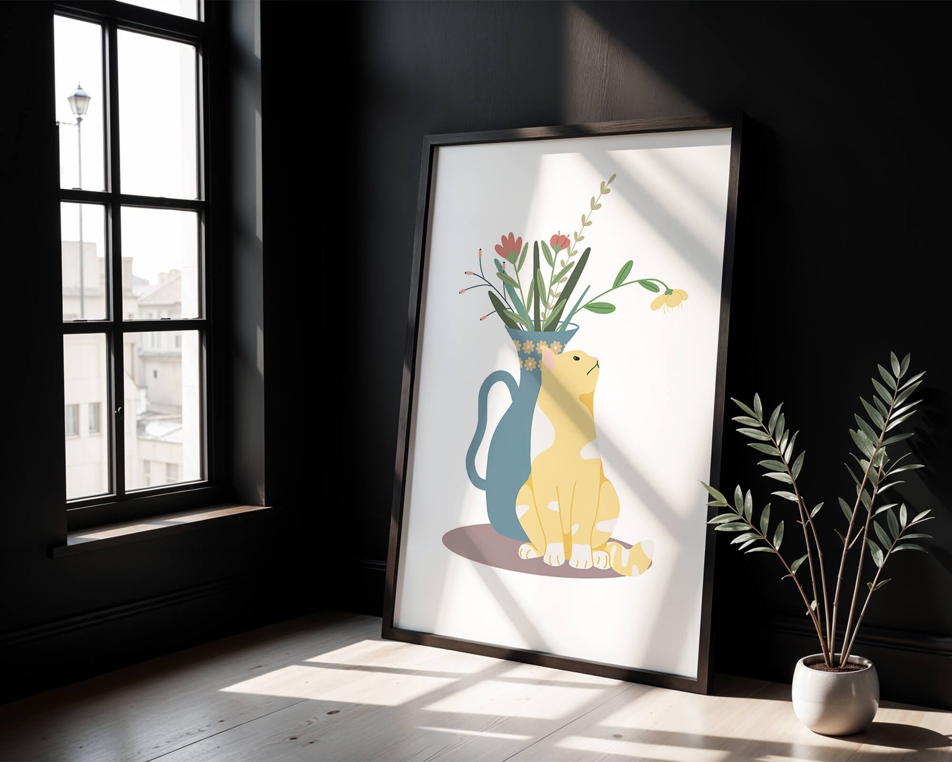 Illustration of a cat sitting beside a floral vase