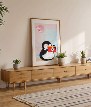 Whimsical penguin illustration with a camera on a pastel beach