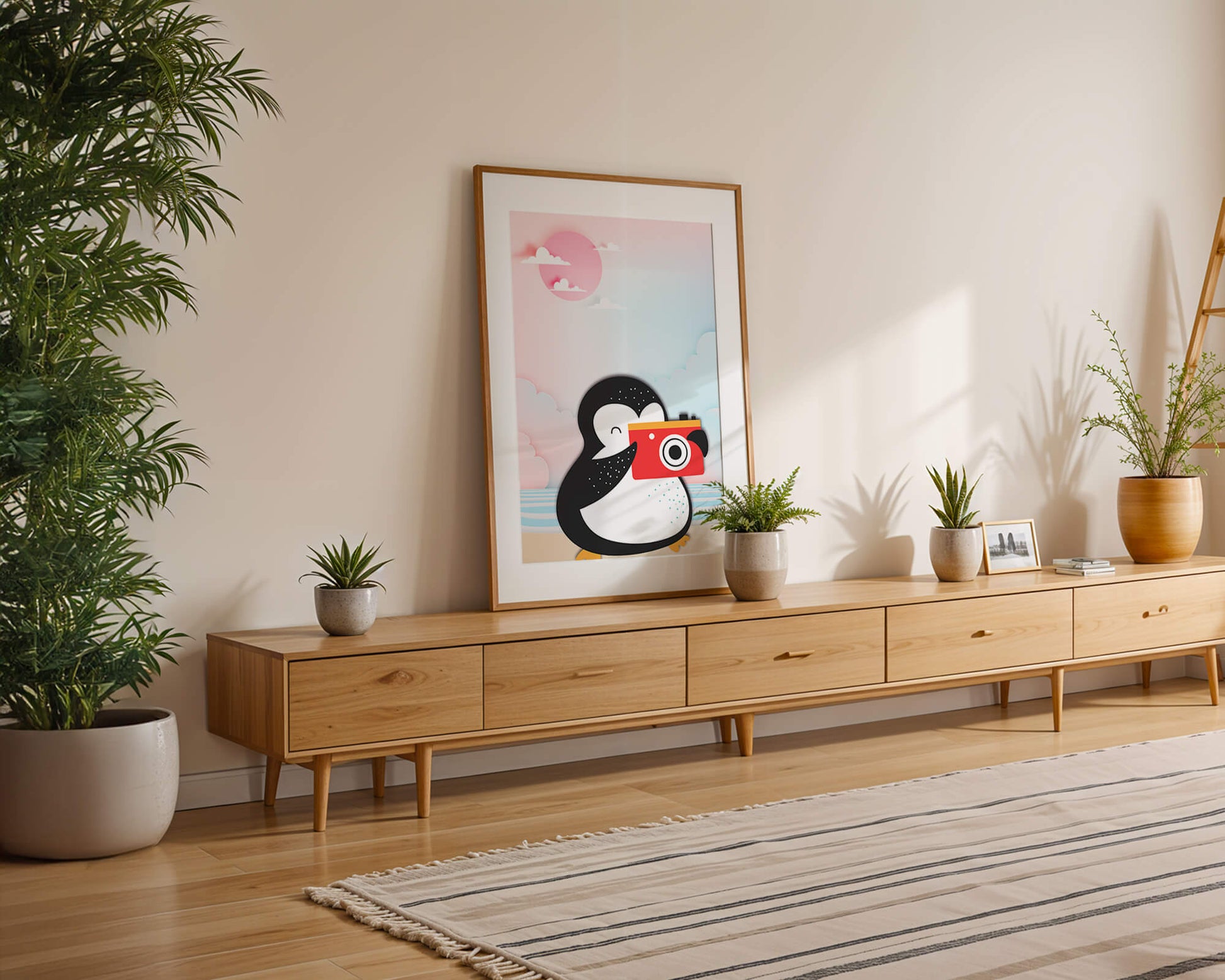 Whimsical penguin illustration with a camera on a pastel beach