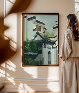 Traditional Asian architecture with lush greenery