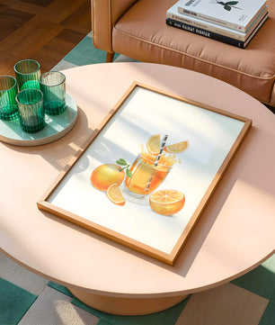Illustration of a refreshing orange juice with fresh oranges and splash