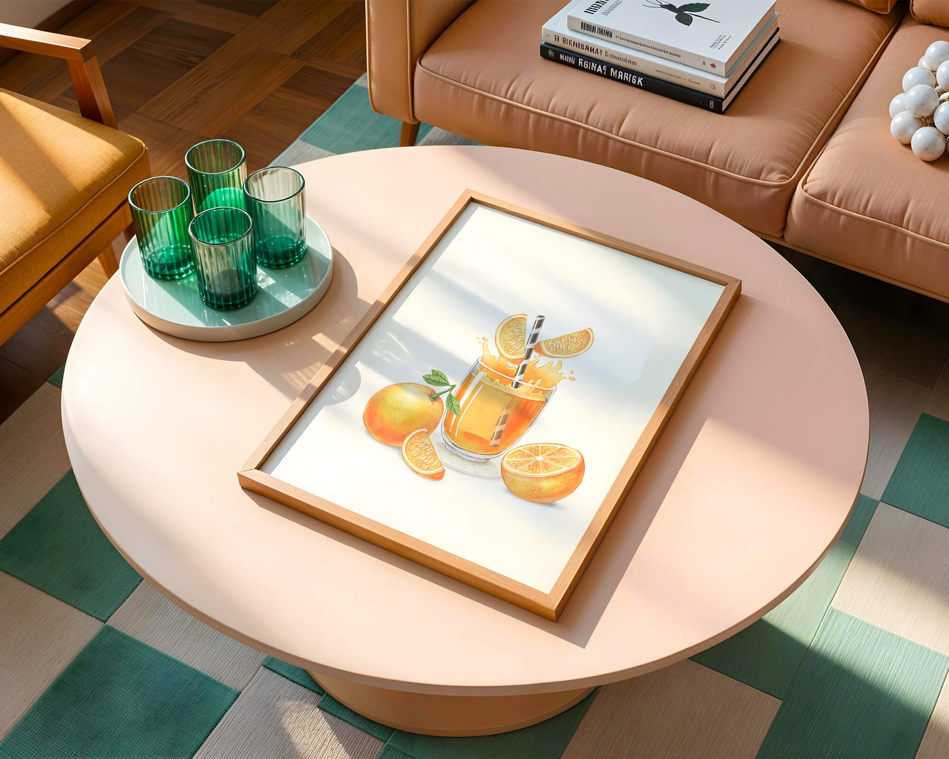 Illustration of a refreshing orange juice with fresh oranges and splash