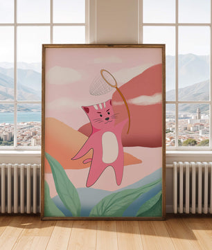 Pink Cat Holding Net in Whimsical Landscape