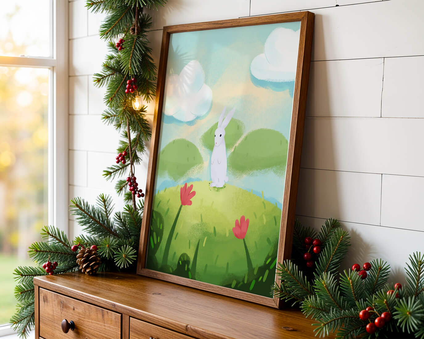 Whimsical landscape with rabbit and colorful flowers