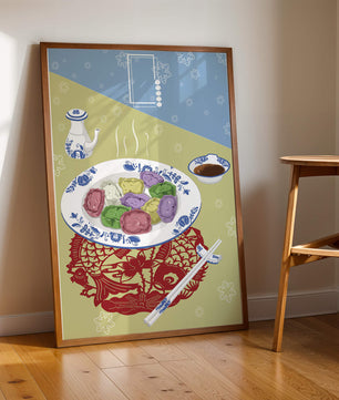 Colorful dumplings and tea set on decorative mat