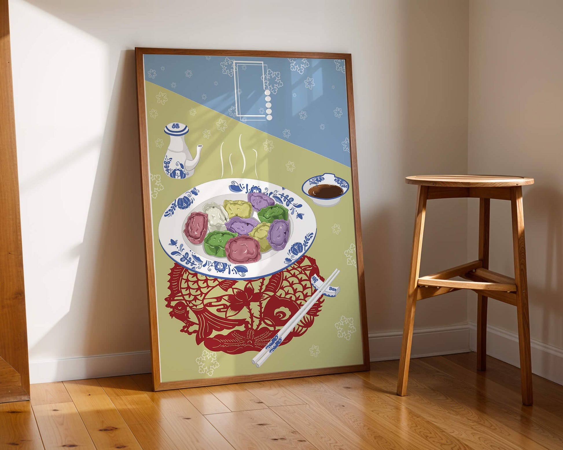 Colorful dumplings and tea set on decorative mat