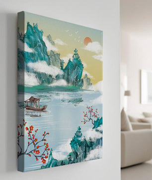 Serene lake scene with traditional boat and mountains under morning sun