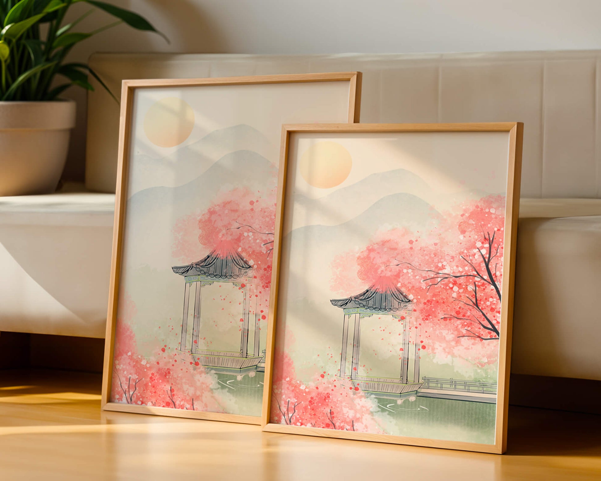 Serene landscape with cherry blossoms and traditional gazebo