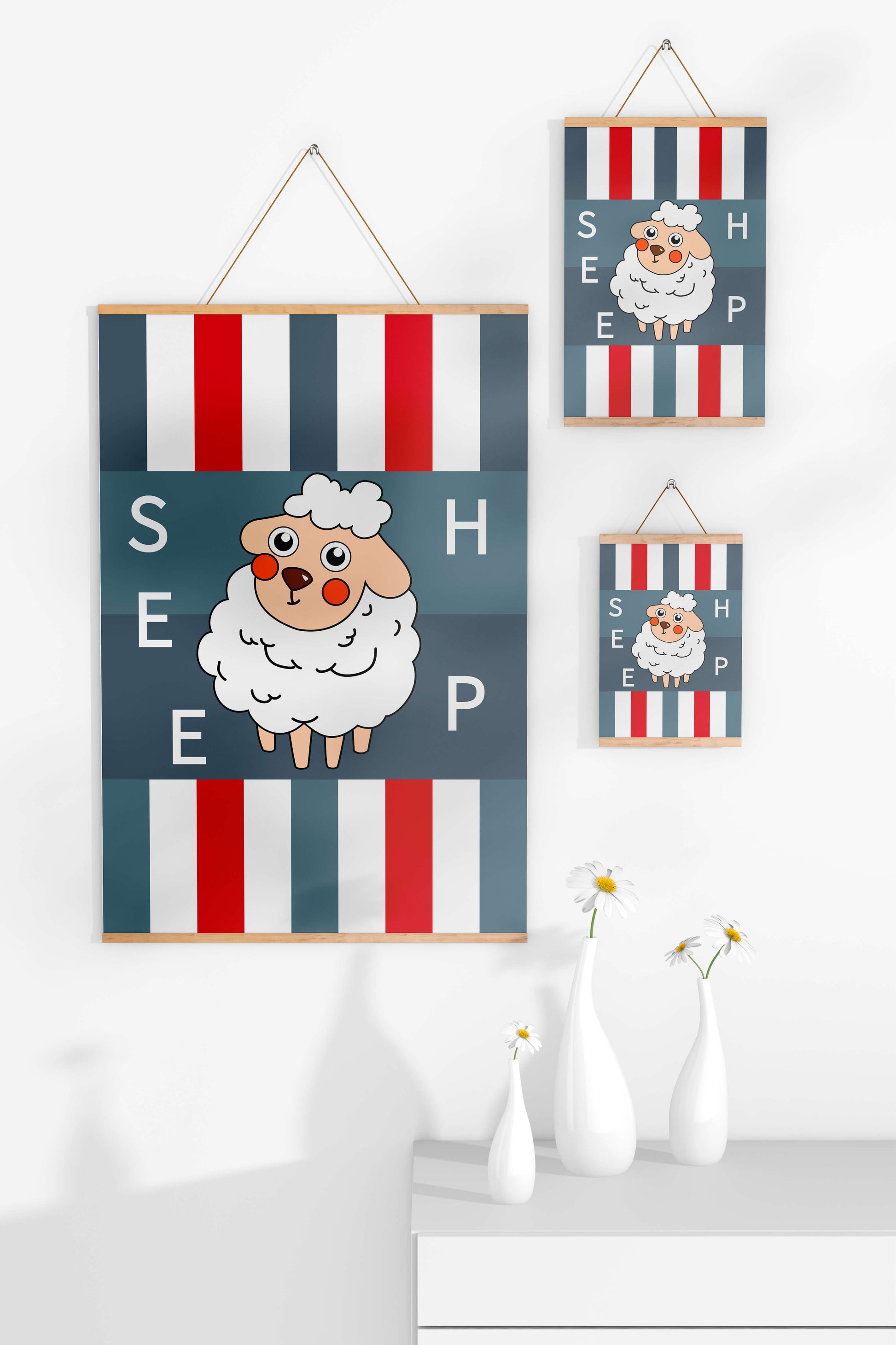 Playful sheep illustration on striped background