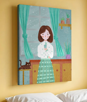 Charming Illustration of Woman and Cat in Cozy Living Room