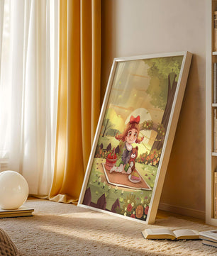 Whimsical picnic scene with a young girl and teddy bear under sunset in vibrant meadow