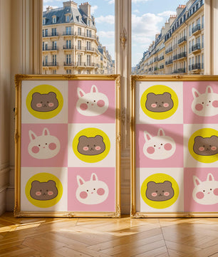 Diseño de patrones de animales juguetones con caras de osos y conejos en colores pastel
