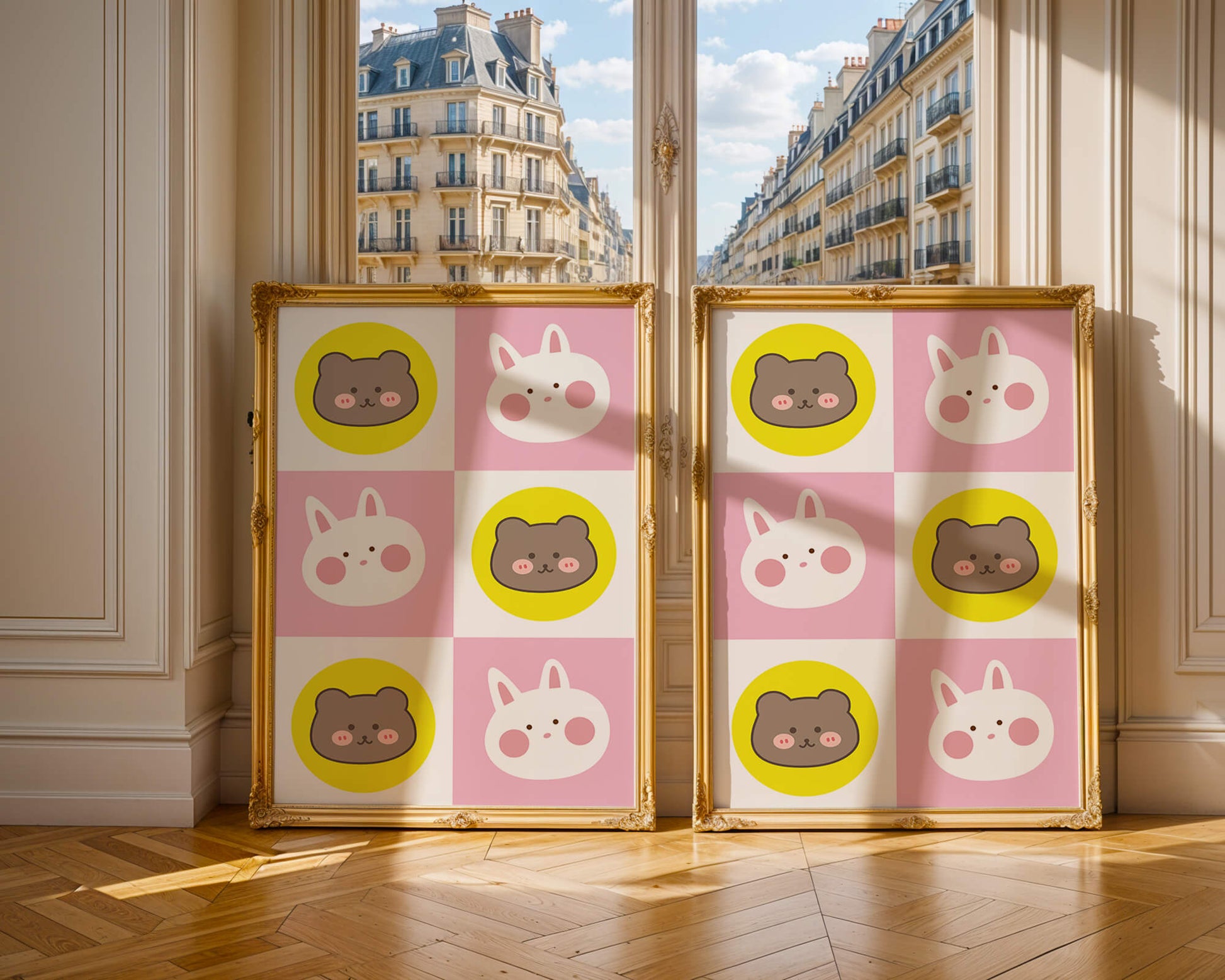 Diseño de patrones de animales juguetones con caras de osos y conejos en colores pastel