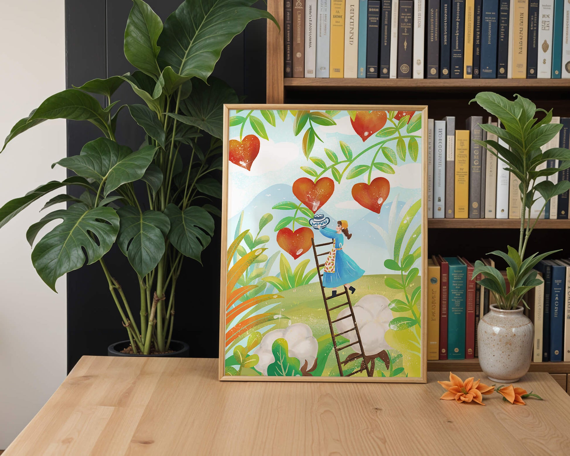 Mujer recolectando frutas en forma de corazón en el vibrante campo