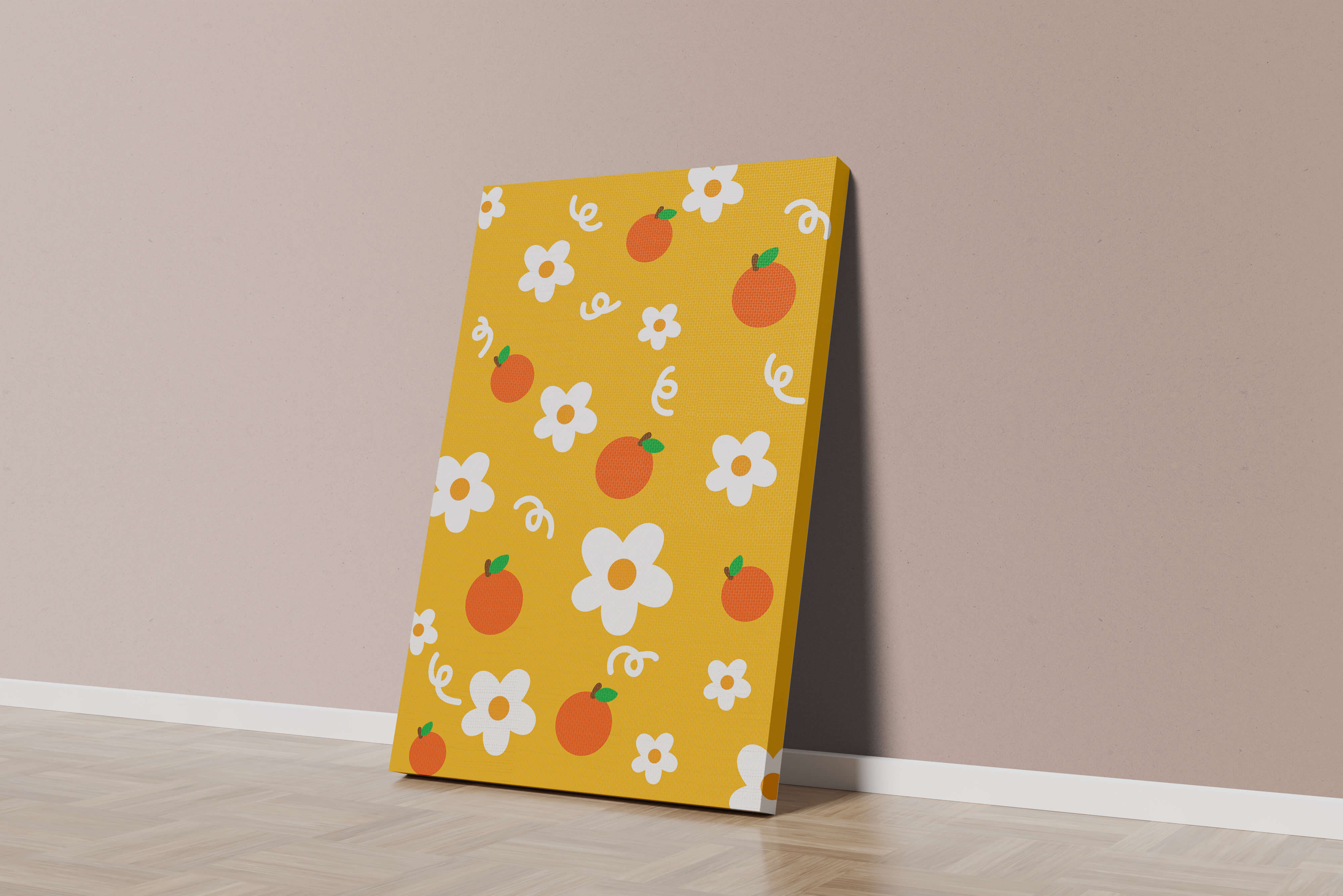 Playful floral and fruity pattern on a vibrant yellow background
