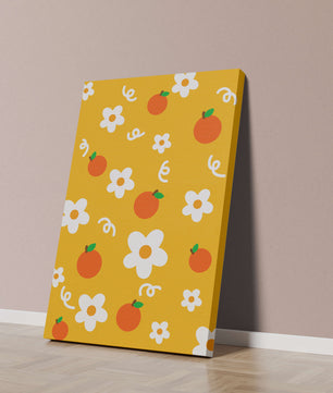 Playful floral and fruity pattern on a vibrant yellow background