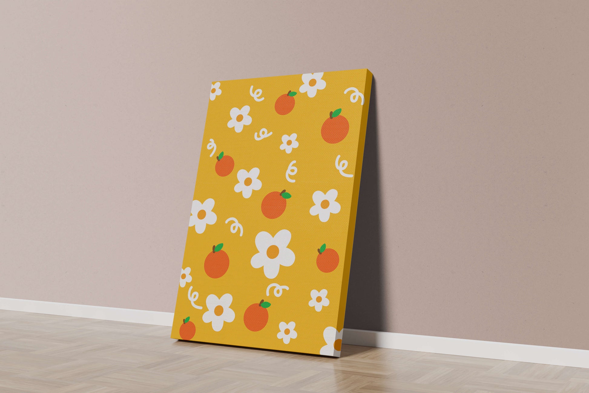 Playful floral and fruity pattern on a vibrant yellow background