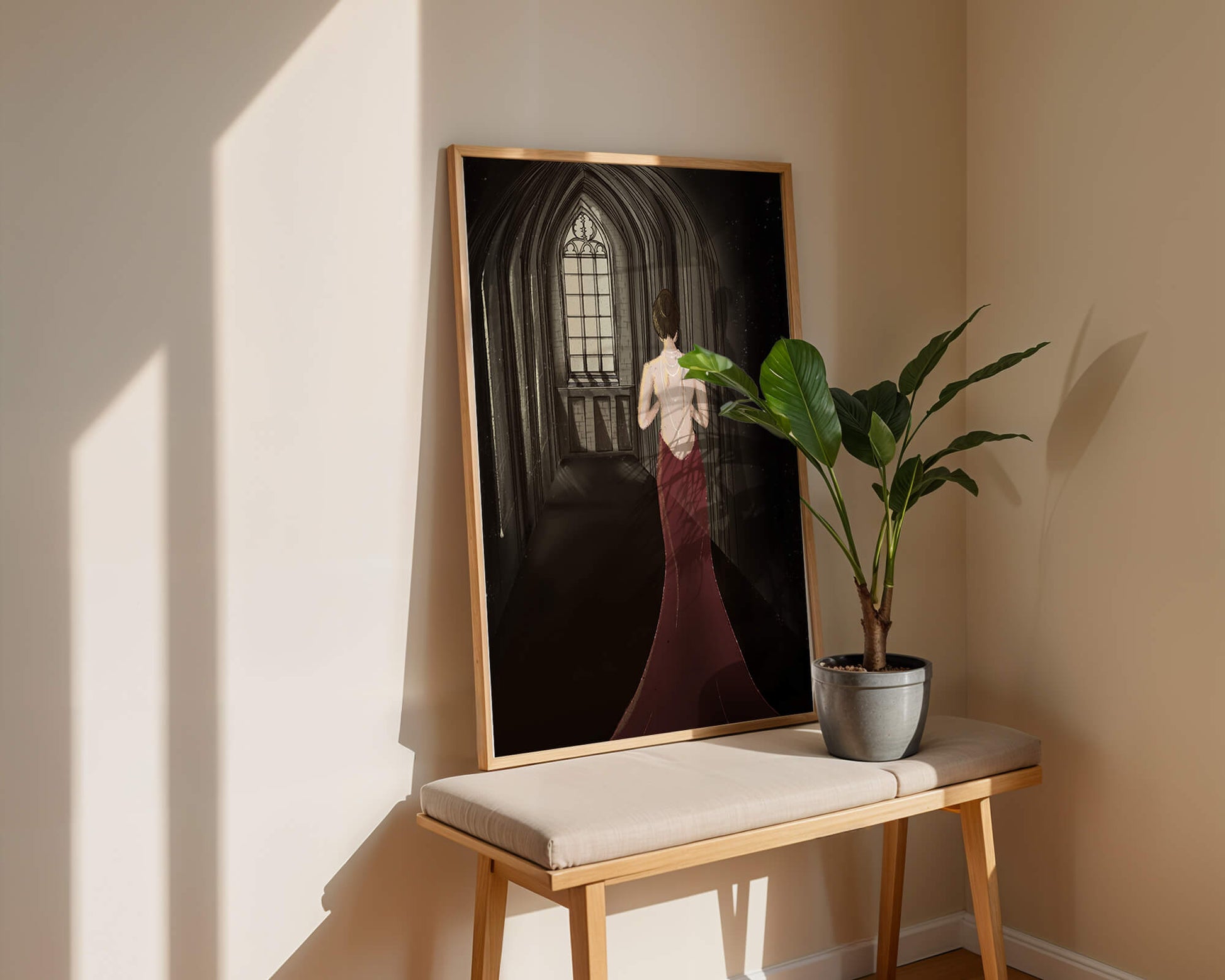 Elegant woman in a red dress inside a gothic hallway