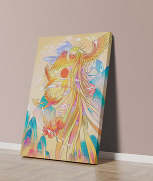 Colorful phoenix soaring in a dreamlike sky with vibrant flowers and mountains