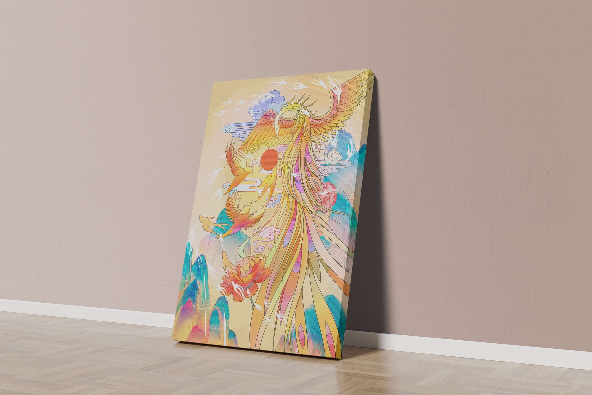 Colorful phoenix soaring in a dreamlike sky with vibrant flowers and mountains