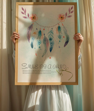 Whimsical dreamcatcher with feathers and flowers in a pastel watercolor style