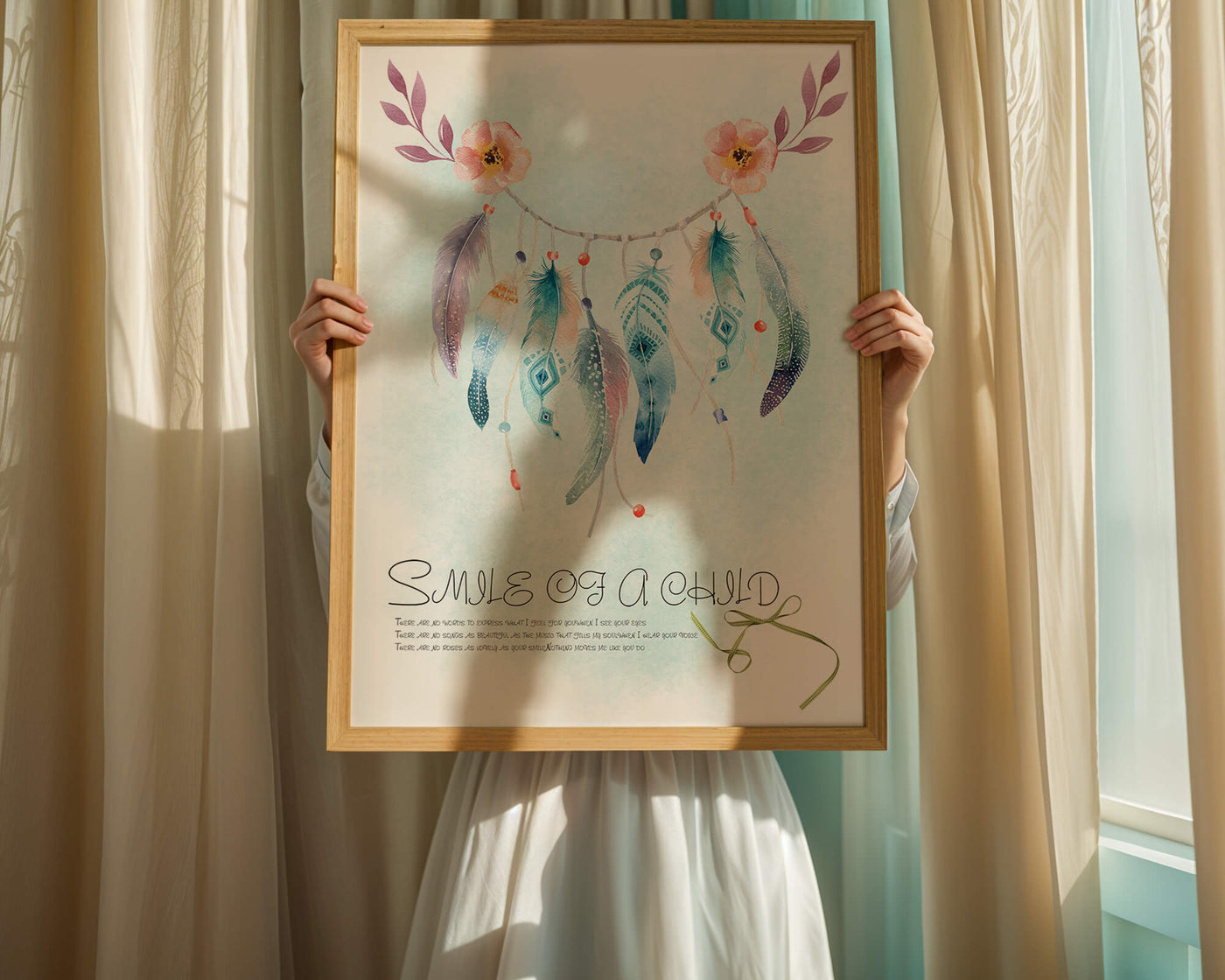 Whimsical dreamcatcher with feathers and flowers in a pastel watercolor style