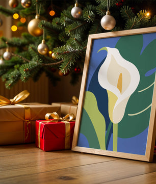 Ilustración floral abstracta con fondo verde y azul